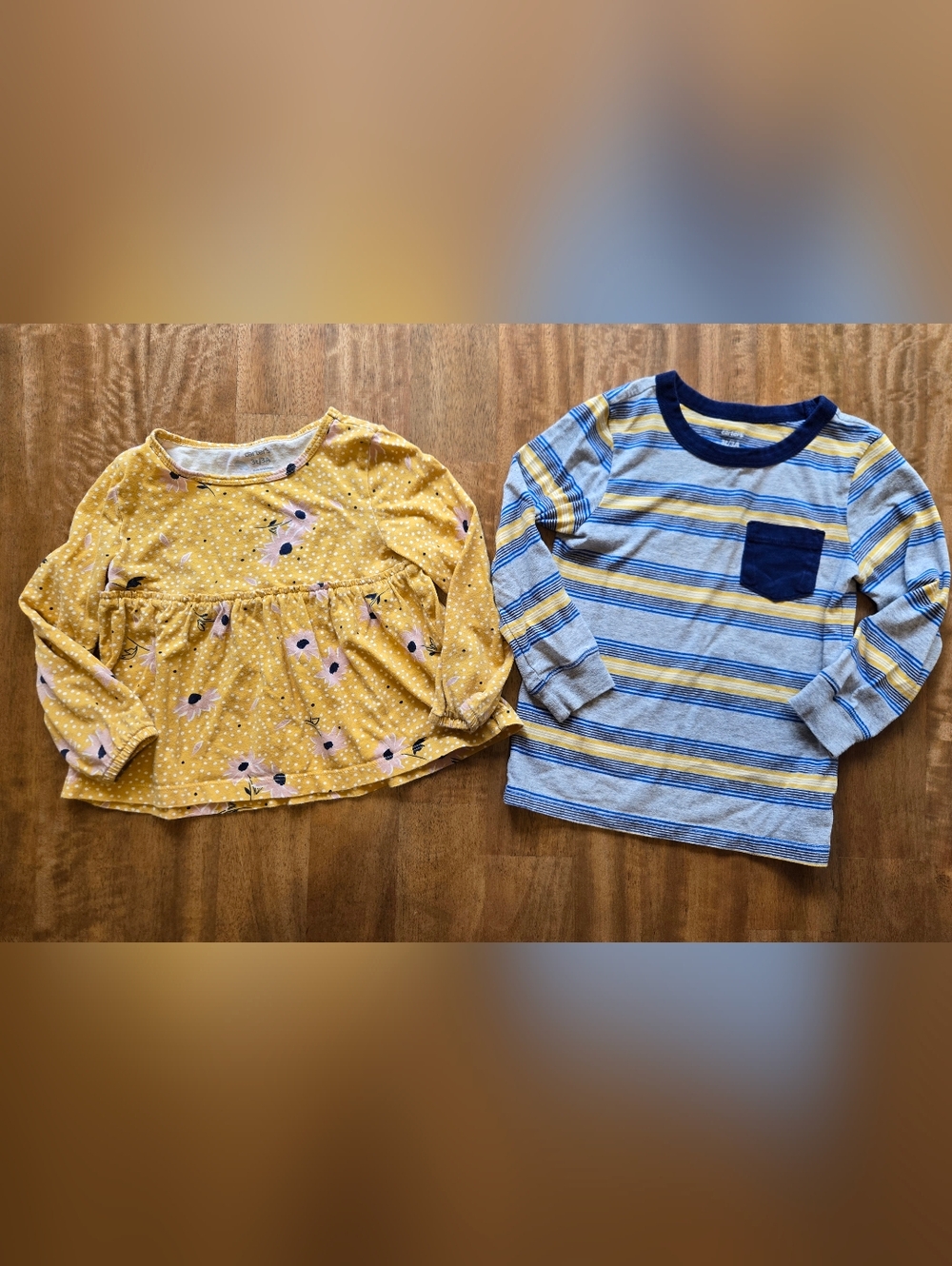 Girls Yellow Floral Peplum Top & Boys Striped Long Sleeve Tee - Yellow/Blue